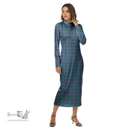 ScotsTee Shop Scottish Douglas Modern Clan Tartan Womens Mock Neck Long Sleeve Midi Dress