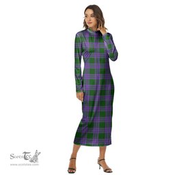 ScotsTee Shop Scottish Elphinstone Clan Tartan Womens Mock Neck Long Sleeve Midi Dress