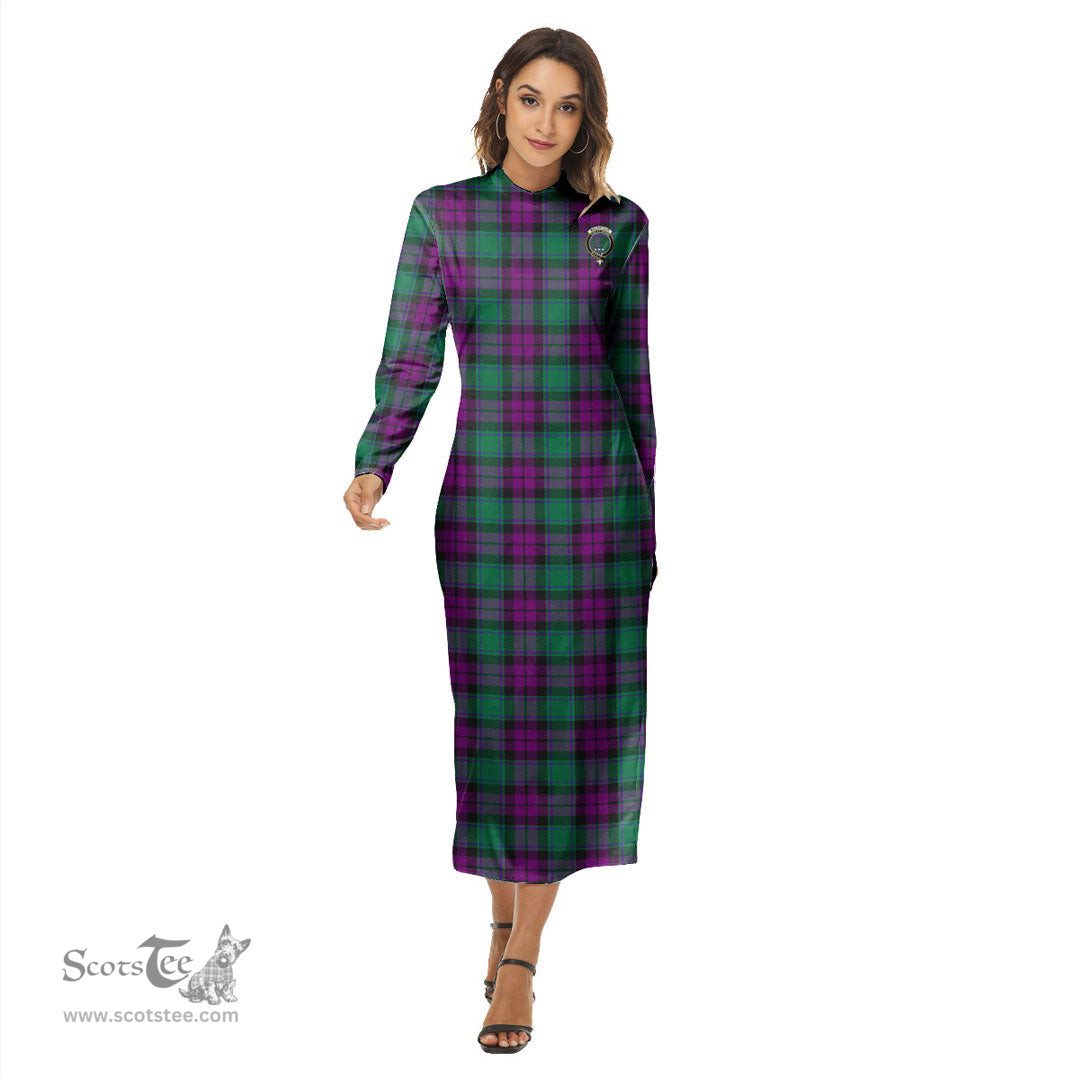 ScotsTee Shop Scottish MacArthur Milton Clan Crest Tartan Womens Mock Neck Long Sleeve Midi Dress