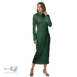 ScotsTee Shop Scottish Henderson Modern Clan Tartan Womens Mock Neck Long Sleeve Midi Dress