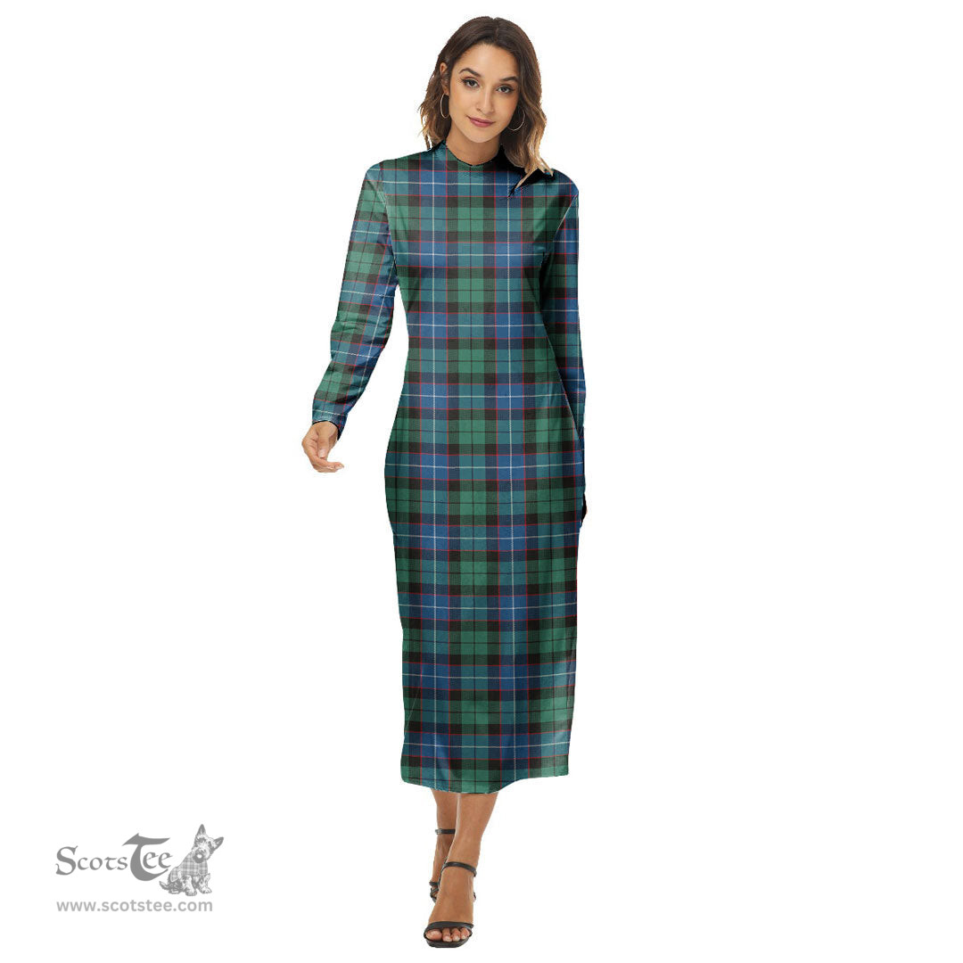 ScotsTee Shop Scottish Hunter Ancient Clan Tartan Womens Mock Neck Long Sleeve Midi Dress
