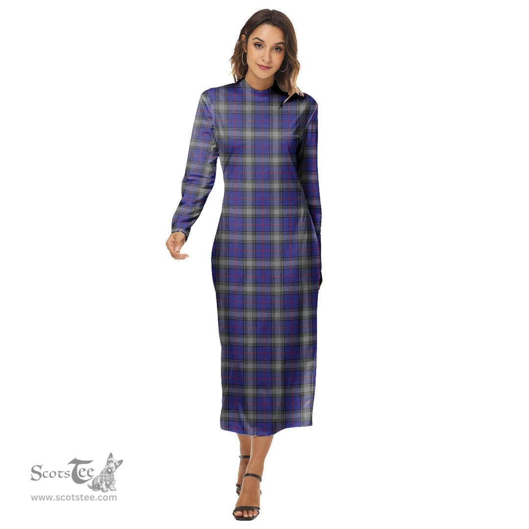 ScotsTee Shop Scottish Kinnaird Clan Tartan Womens Mock Neck Long Sleeve Midi Dress