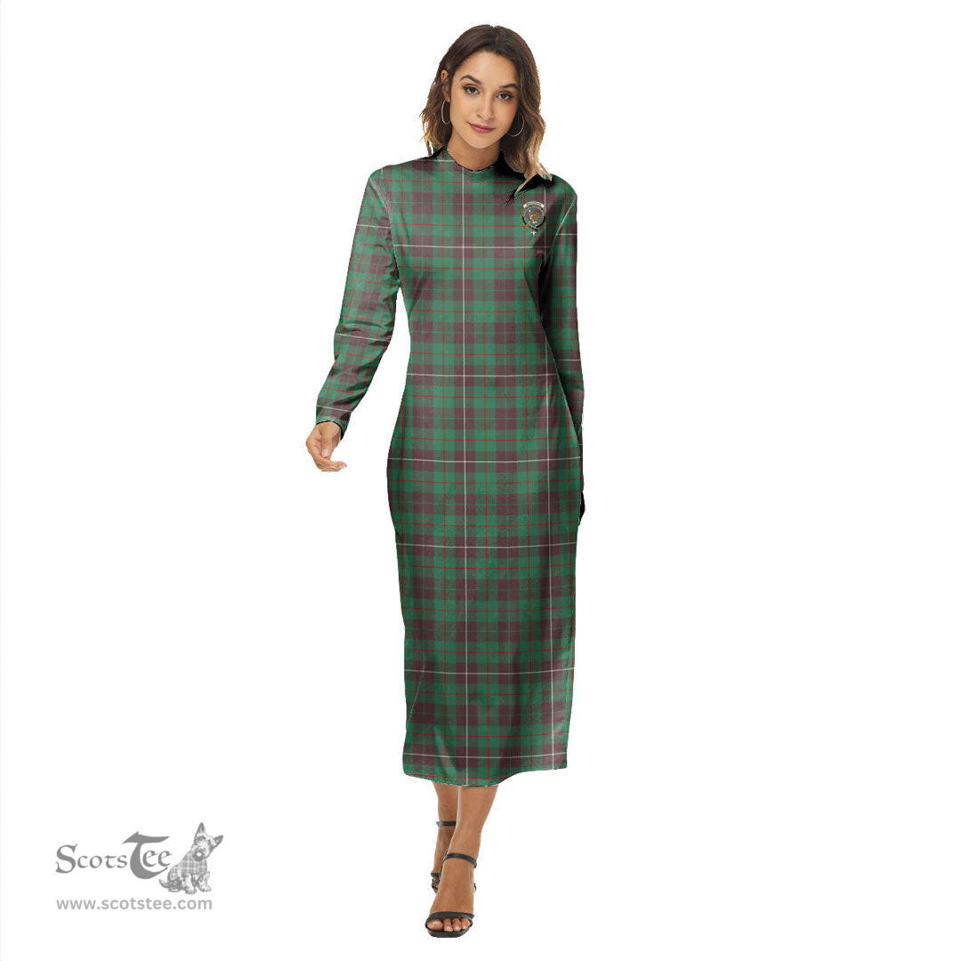 ScotsTee Shop Scottish MacKinnon Hunting Ancient Clan Crest Tartan Womens Mock Neck Long Sleeve Midi Dress