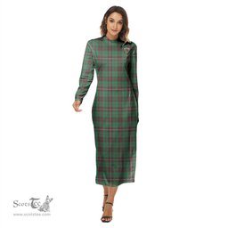 ScotsTee Shop Scottish MacKinnon Hunting Ancient Clan Crest Tartan Womens Mock Neck Long Sleeve Midi Dress