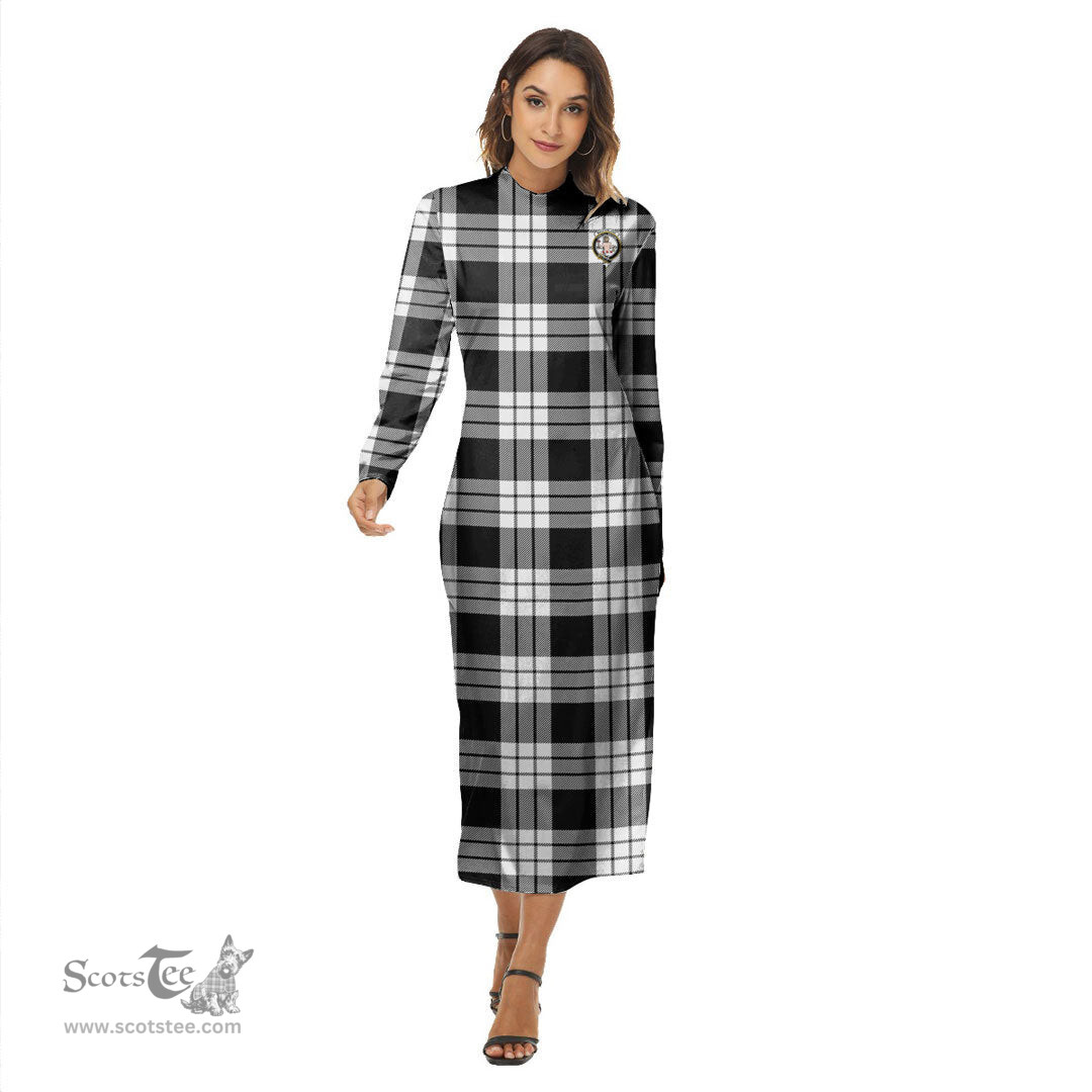 ScotsTee Shop Scottish MacFarlane Black White Clan Crest Tartan Womens Mock Neck Long Sleeve Midi Dress