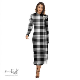 ScotsTee Shop Scottish MacFarlane Black White Clan Crest Tartan Womens Mock Neck Long Sleeve Midi Dress