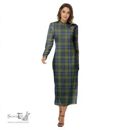 ScotsTee Shop Scottish MacLellan Ancient Clan Crest Tartan Womens Mock Neck Long Sleeve Midi Dress