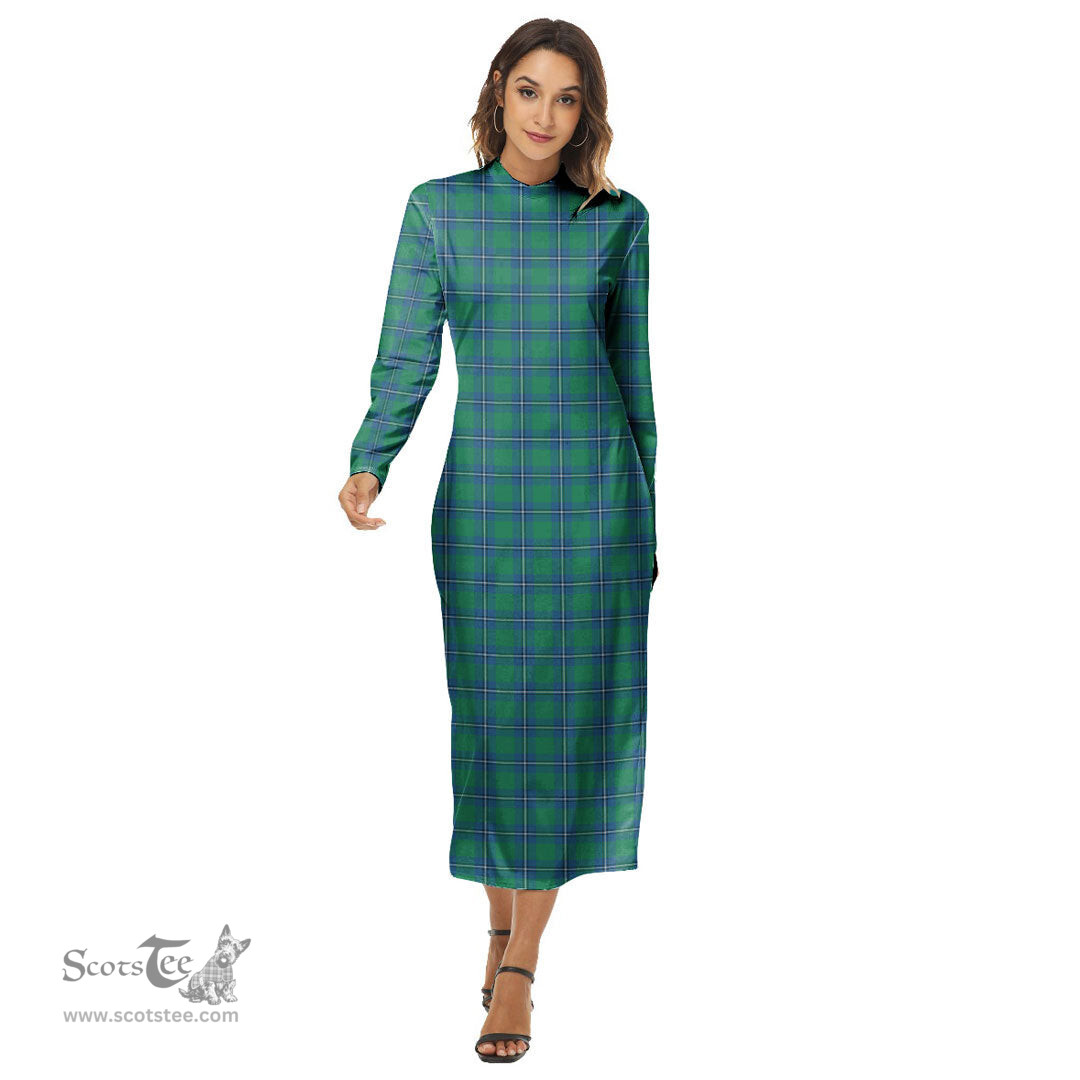 ScotsTee Shop Scottish Irvine Ancient Clan Tartan Womens Mock Neck Long Sleeve Midi Dress