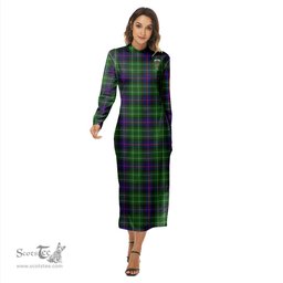 ScotsTee Shop Scottish Leslie Hunting Clan Crest Tartan Womens Mock Neck Long Sleeve Midi Dress