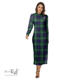ScotsTee Shop Scottish MacDonald of the Isles Hunting Modern Clan Crest Tartan Womens Mock Neck Long Sleeve Midi Dress