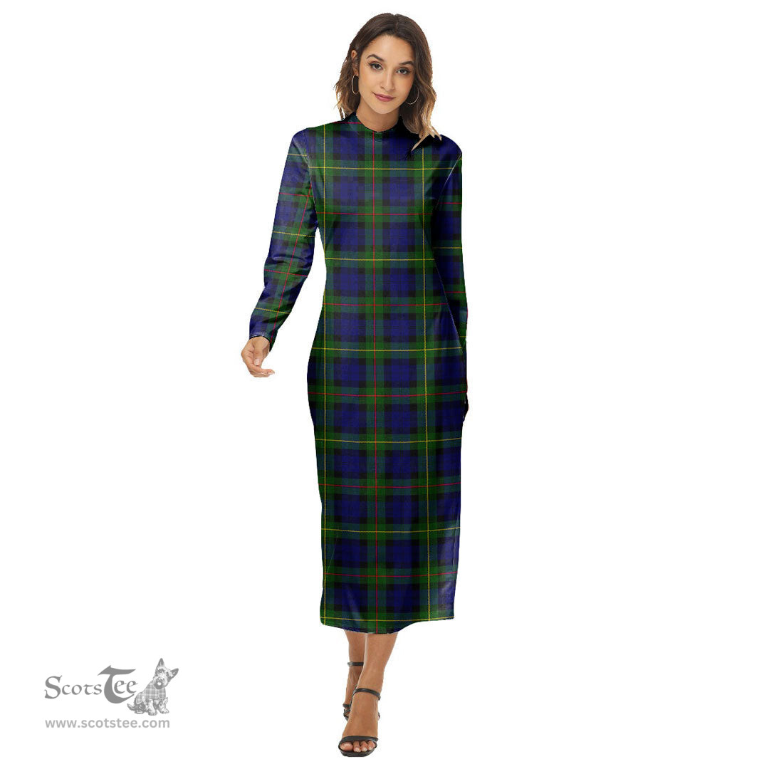 ScotsTee Shop Scottish MacEwen Modern Clan Tartan Womens Mock Neck Long Sleeve Midi Dress