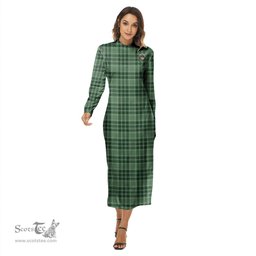 ScotsTee Shop Scottish MacDonald Lord of the Isles Hunting Clan Crest Tartan Womens Mock Neck Long Sleeve Midi Dress
