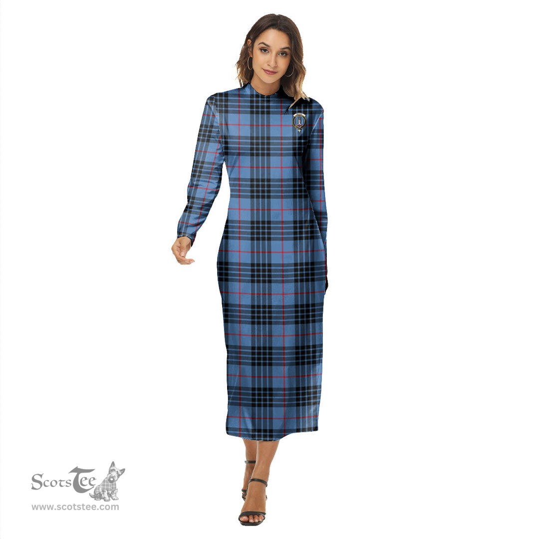 ScotsTee Shop Scottish MacKay Blue Clan Crest Tartan Womens Mock Neck Long Sleeve Midi Dress