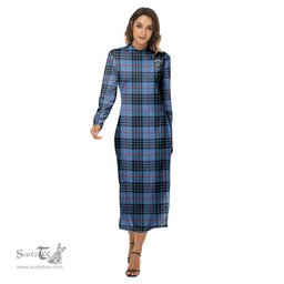 ScotsTee Shop Scottish MacKay Blue Clan Crest Tartan Womens Mock Neck Long Sleeve Midi Dress
