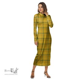 ScotsTee Shop Scottish Houston Clan Tartan Womens Mock Neck Long Sleeve Midi Dress