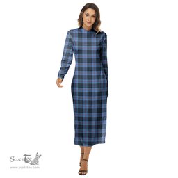 ScotsTee Shop Scottish MacKay Blue Clan Tartan Womens Mock Neck Long Sleeve Midi Dress
