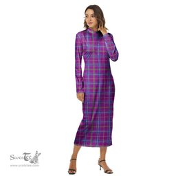 ScotsTee Shop Scottish Jackson Clan Tartan Womens Mock Neck Long Sleeve Midi Dress
