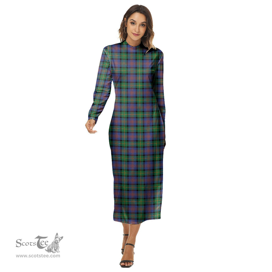 ScotsTee Shop Scottish Logan Ancient Clan Tartan Womens Mock Neck Long Sleeve Midi Dress