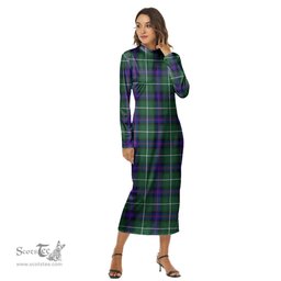 ScotsTee Shop Scottish MacDonald of the Isles Hunting Modern Clan Tartan Womens Mock Neck Long Sleeve Midi Dress