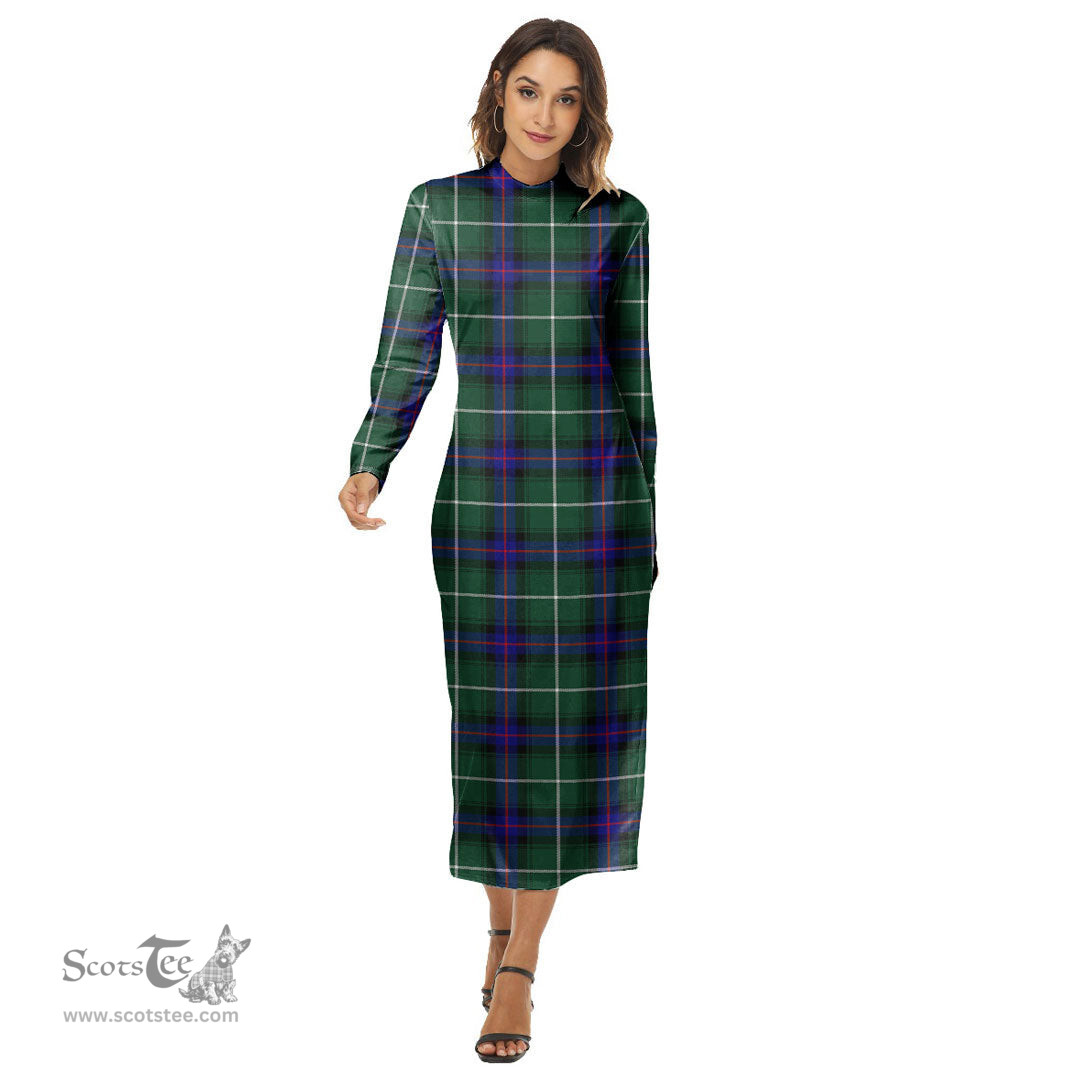 ScotsTee Shop Scottish MacDonald of the Isles Hunting Modern Clan Tartan Womens Mock Neck Long Sleeve Midi Dress