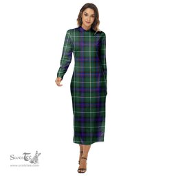 ScotsTee Shop Scottish MacDonald of the Isles Hunting Modern Clan Tartan Womens Mock Neck Long Sleeve Midi Dress