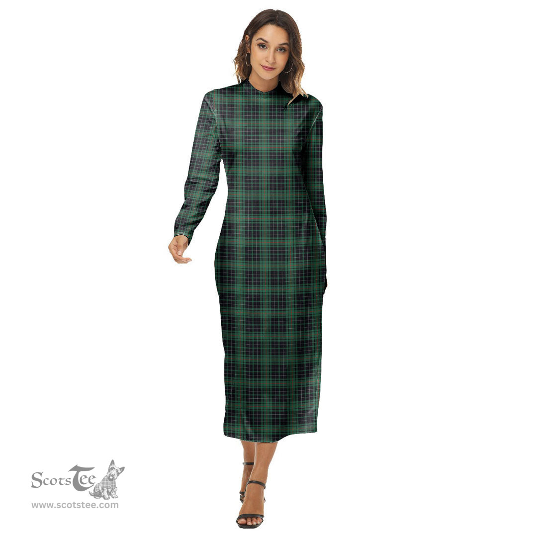 ScotsTee Shop Scottish MacAulay Hunting Ancient Clan Tartan Womens Mock Neck Long Sleeve Midi Dress