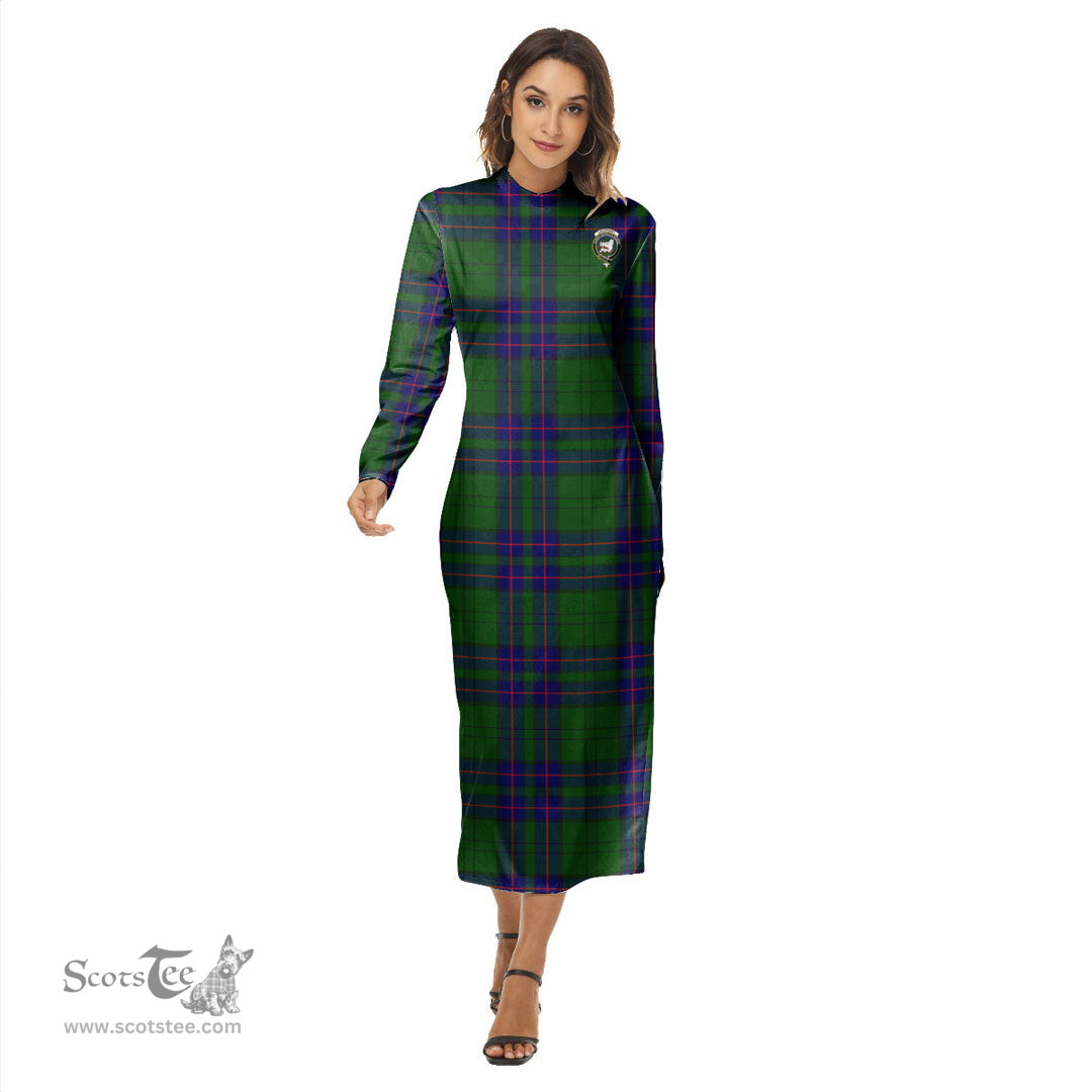 ScotsTee Shop Scottish Lockhart Modern Clan Crest Tartan Womens Mock Neck Long Sleeve Midi Dress