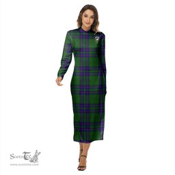 ScotsTee Shop Scottish Lockhart Modern Clan Crest Tartan Womens Mock Neck Long Sleeve Midi Dress