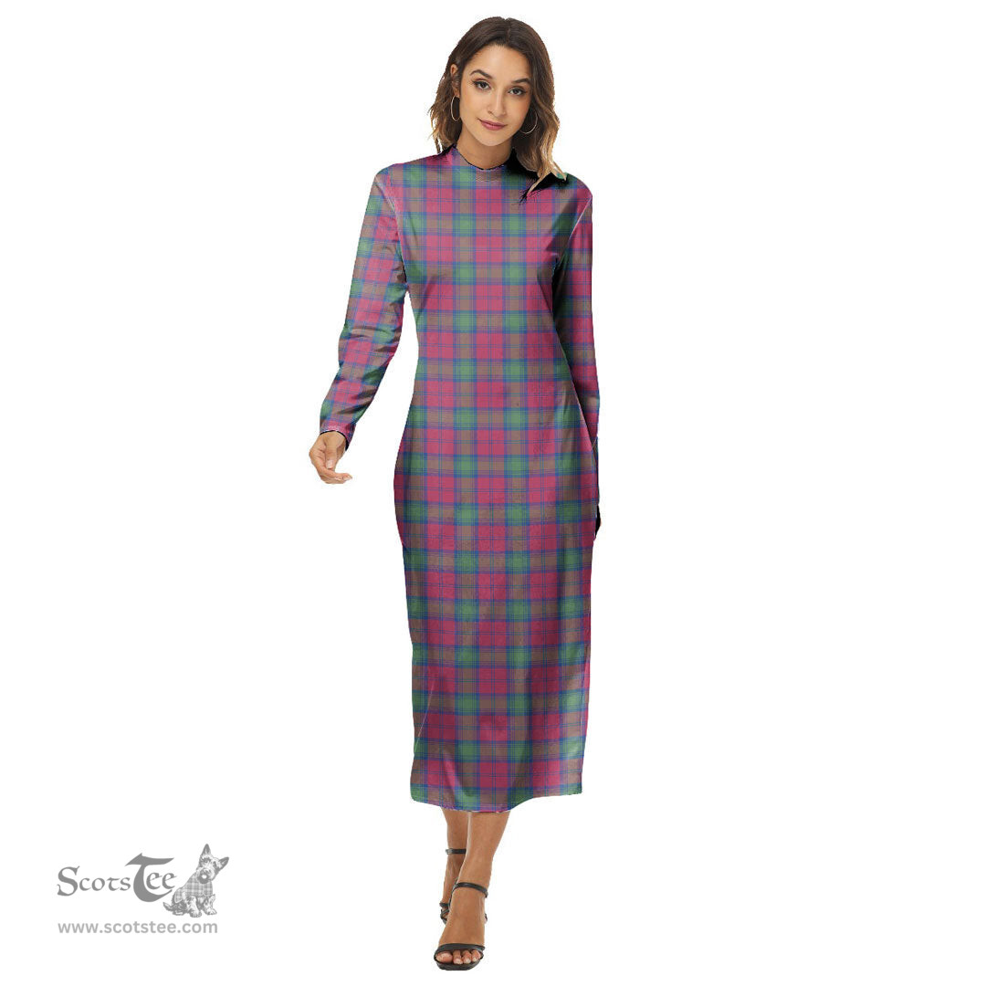 ScotsTee Shop Scottish Lindsay Ancient Clan Tartan Womens Mock Neck Long Sleeve Midi Dress
