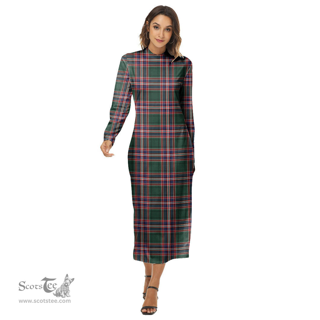 ScotsTee Shop Scottish MacFarlane Hunting Modern Clan Tartan Womens Mock Neck Long Sleeve Midi Dress
