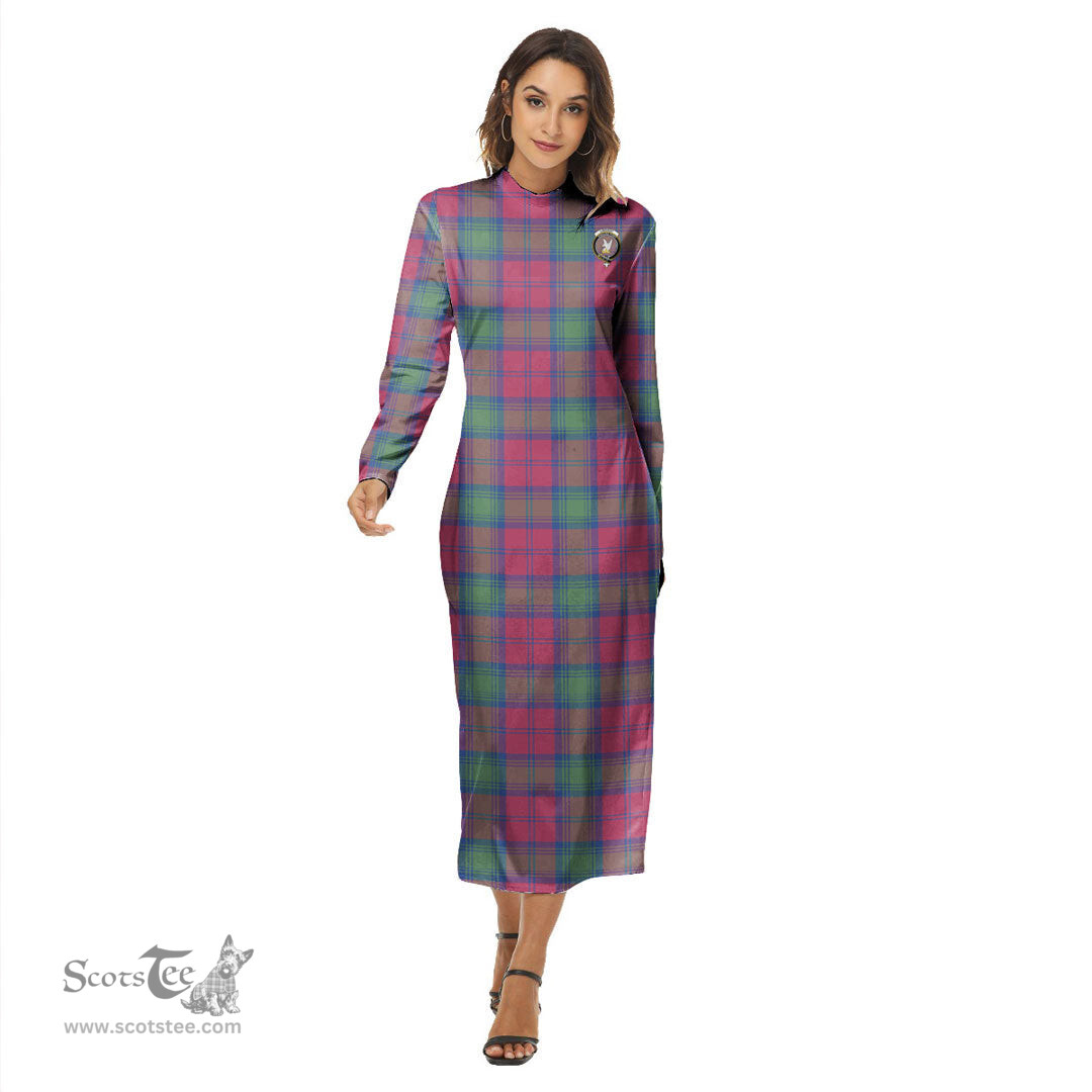 ScotsTee Shop Scottish Lindsay Ancient Clan Crest Tartan Womens Mock Neck Long Sleeve Midi Dress