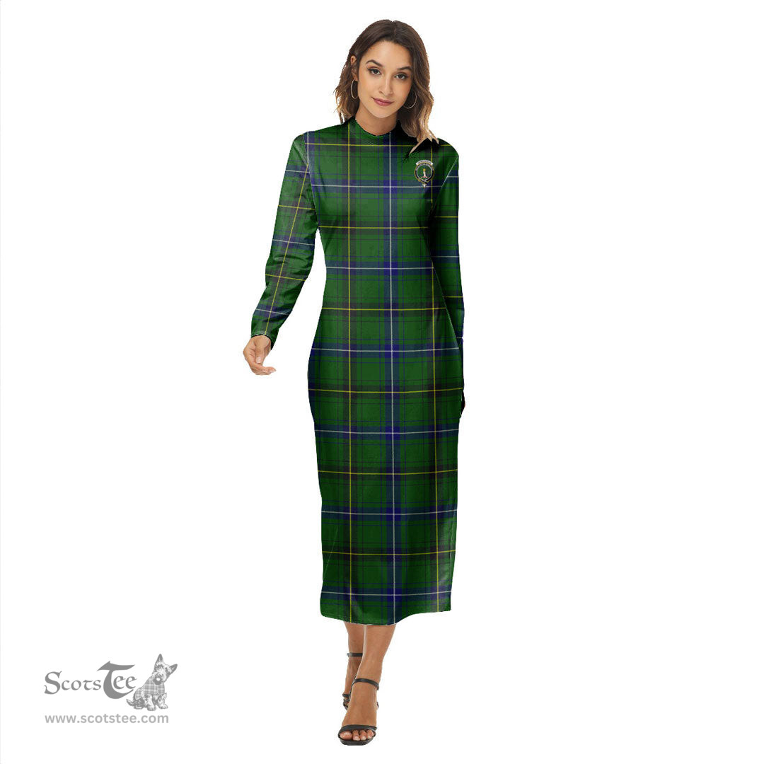 ScotsTee Shop Scottish Henderson Modern Clan Crest Tartan Womens Mock Neck Long Sleeve Midi Dress