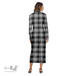 ScotsTee Shop Scottish Menzies Black White Modern Clan Crest Tartan Womens Mock Neck Long Sleeve Midi Dress