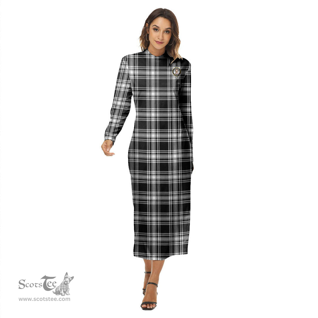 ScotsTee Shop Scottish Menzies Black White Modern Clan Crest Tartan Womens Mock Neck Long Sleeve Midi Dress