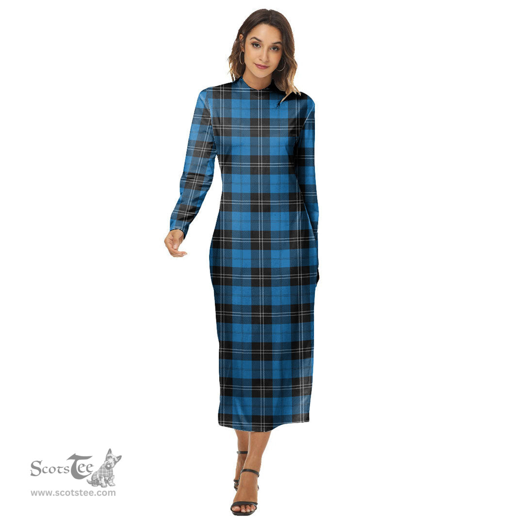 ScotsTee Shop Scottish Ramsay Blue Ancient Clan Tartan Womens Mock Neck Long Sleeve Midi Dress