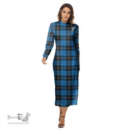 ScotsTee Shop Scottish Ramsay Blue Ancient Clan Crest Tartan Womens Mock Neck Long Sleeve Midi Dress