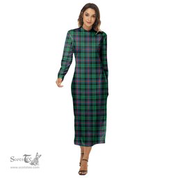 ScotsTee Shop Scottish Urquhart Broad Red Ancient Clan Tartan Womens Mock Neck Long Sleeve Midi Dress