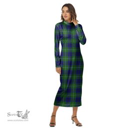 ScotsTee Shop Scottish Oliphant Modern Clan Tartan Womens Mock Neck Long Sleeve Midi Dress