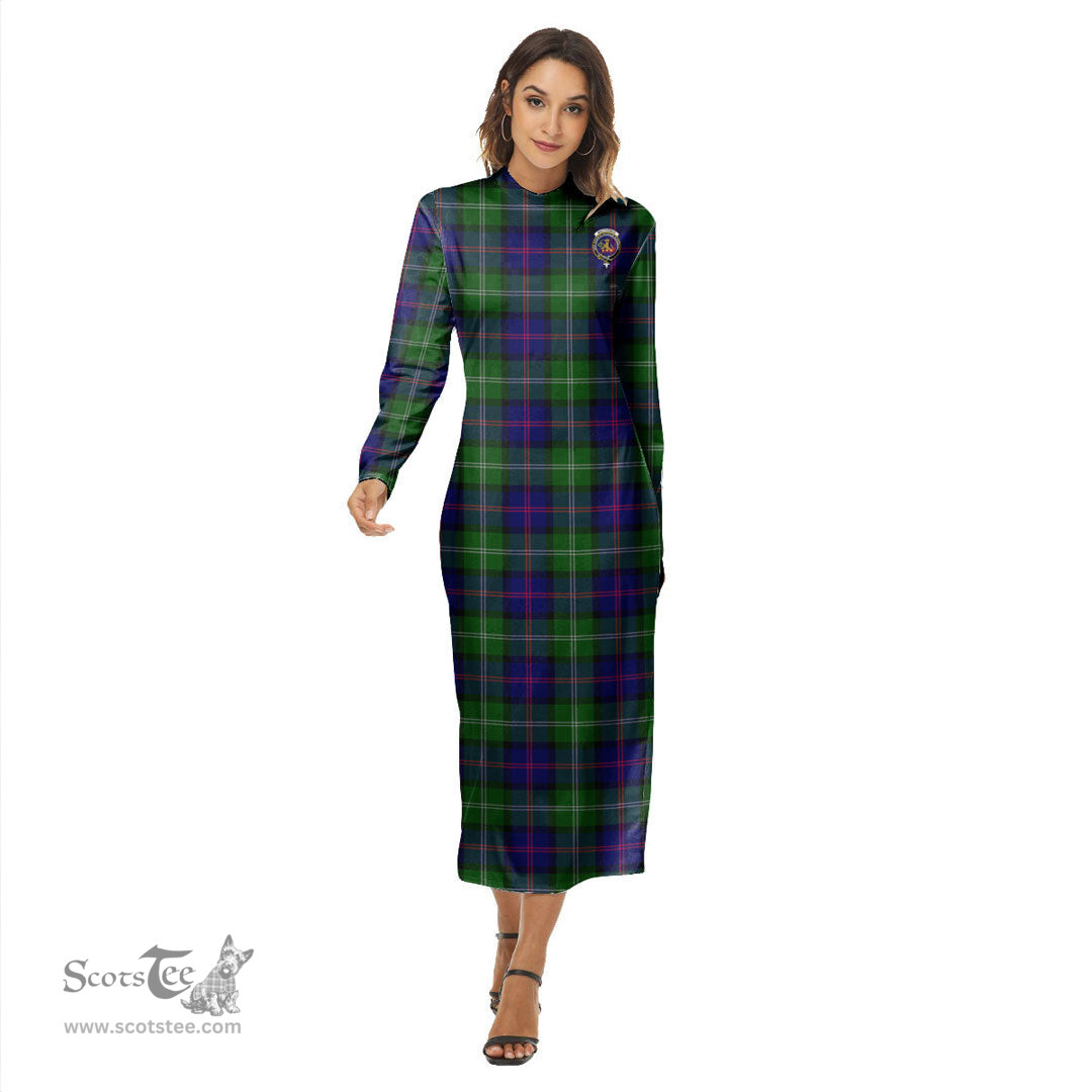 ScotsTee Shop Scottish MacThomas Modern Clan Crest Tartan Womens Mock Neck Long Sleeve Midi Dress