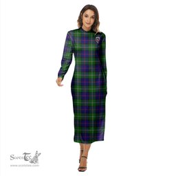 ScotsTee Shop Scottish MacThomas Modern Clan Crest Tartan Womens Mock Neck Long Sleeve Midi Dress