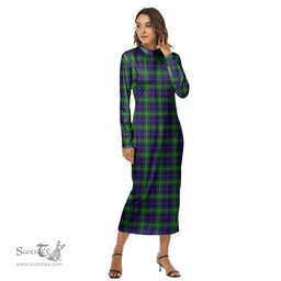 ScotsTee Shop Scottish MacThomas Modern Clan Tartan Womens Mock Neck Long Sleeve Midi Dress