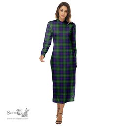 ScotsTee Shop Scottish MacThomas Modern Clan Tartan Womens Mock Neck Long Sleeve Midi Dress