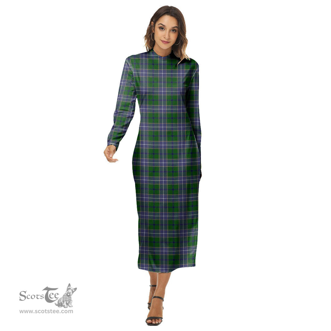 ScotsTee Shop Scottish Wishart Hunting Modern Clan Tartan Womens Mock Neck Long Sleeve Midi Dress
