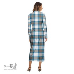 ScotsTee Shop Scottish Stewart Muted Blue Clan Crest Tartan Womens Mock Neck Long Sleeve Midi Dress