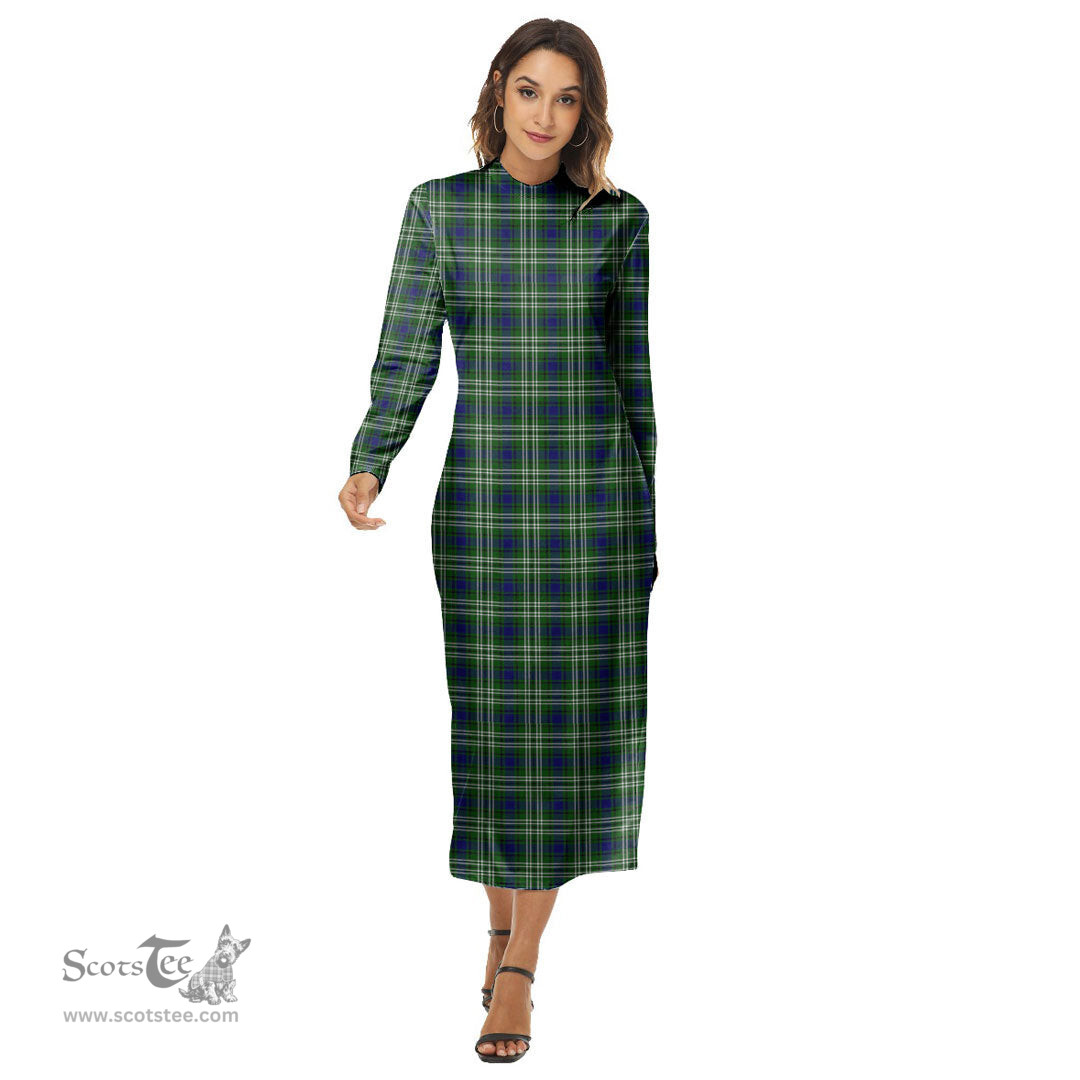 ScotsTee Shop Scottish Tweedside District Clan Tartan Womens Mock Neck Long Sleeve Midi Dress