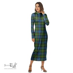 ScotsTee Shop Scottish Newlands of Lauriston Clan Tartan Womens Mock Neck Long Sleeve Midi Dress