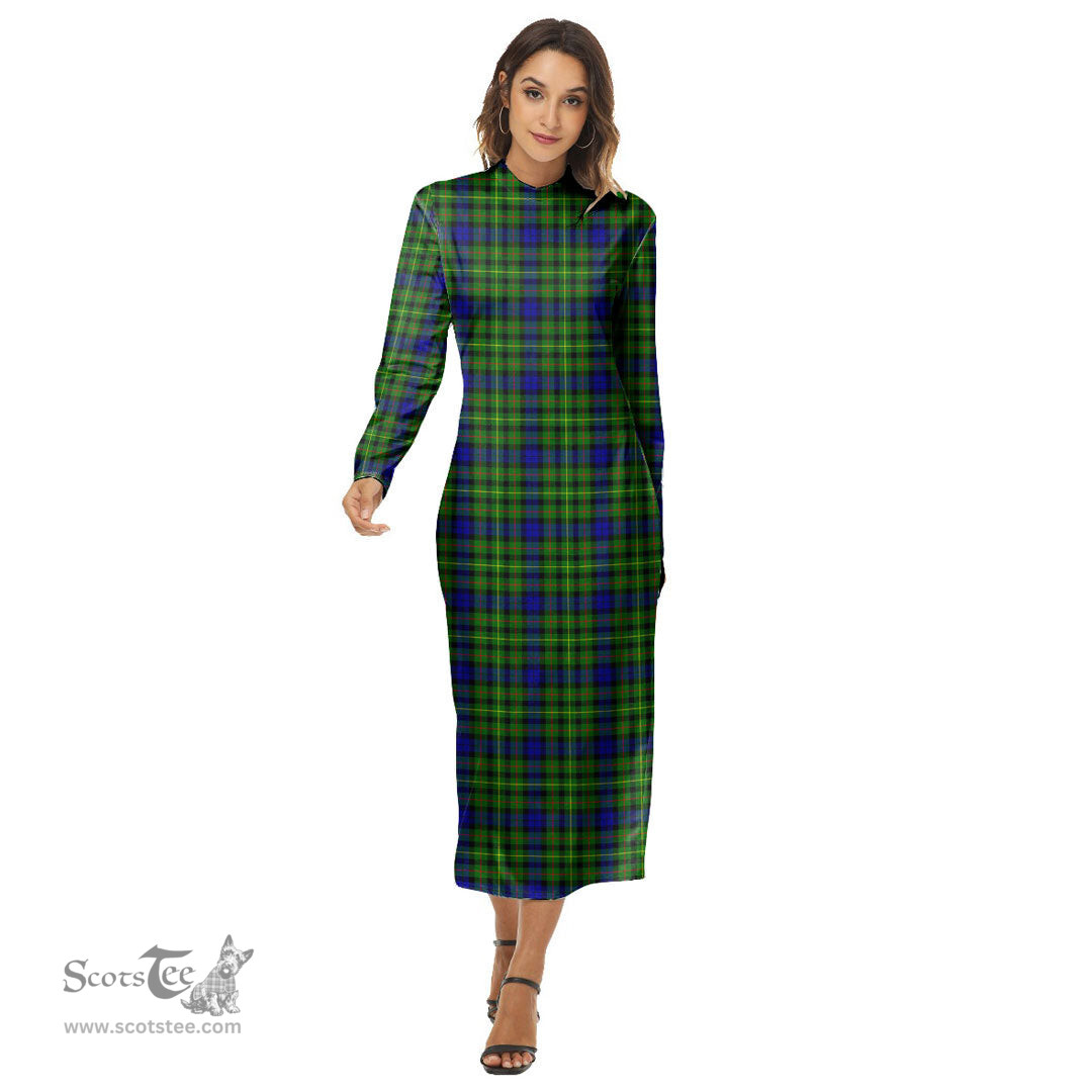 ScotsTee Shop Scottish Rollo Modern Clan Tartan Womens Mock Neck Long Sleeve Midi Dress