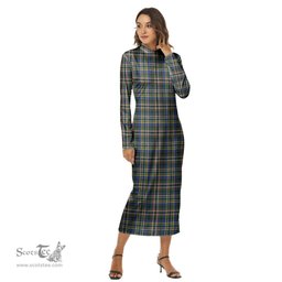 ScotsTee Shop Scottish Scott Green Modern Clan Tartan Womens Mock Neck Long Sleeve Midi Dress