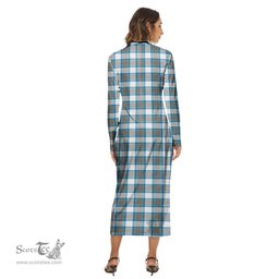 ScotsTee Shop Scottish Stewart Muted Blue Clan Tartan Womens Mock Neck Long Sleeve Midi Dress
