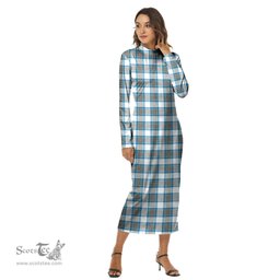 ScotsTee Shop Scottish Stewart Muted Blue Clan Tartan Womens Mock Neck Long Sleeve Midi Dress